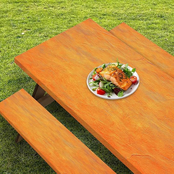 CAPSCEOLL Fitted Picnic Table Cover with Bench Covers with Elastic 8Ft Waterproof Camping Picnic Table Cover Cloths for Outdoors Camping Tablecloth with Drawstring Bag, 96X30in, Burnt Orange