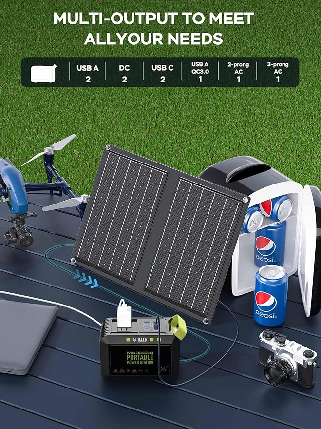 MARBERO Camping Solar Generator 88Wh Portable Power Station 120W Peak Generator with Solar Panel Included 21W, AC, DC, USB QC3.0, LED Flashlight for Outdoor Home Camping Fishing Emergency Backup