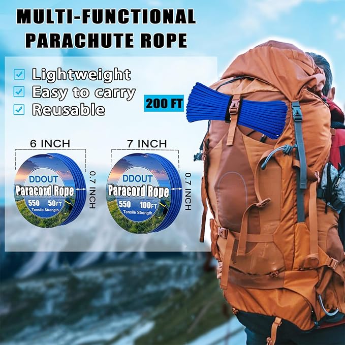 Paracord Nylon Rope Blue 200ft with 7-Strand Core, 10 Colors and 50/100/200 ft, Type III Parachute Cord 4mm for Camping, Survival, Hiking, DIY, Crafting, Outdoor Utility Rope