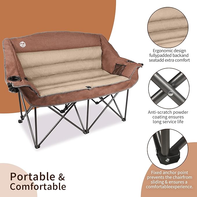 Northroad Folding Loveseat Camping Chair Portable Double Duo Full Padded Garden Chair for 2 Person Sofa w/Cup Holder,Wine Glass Holder,Mesh Storage,Support 600lbs for Picnic Beach Travel, Moca