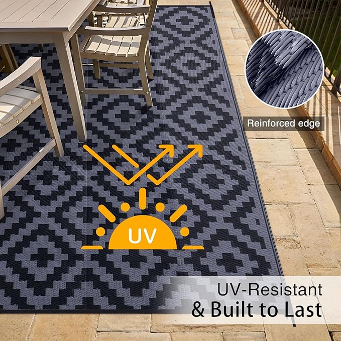 OLANLY Waterproof Outdoor Rug 9x12 ft, Outdoor Plastic Straw Rug for Camping, RV Mat Outside, Indoor Outdoor Carpet for Porch, Deck, Backyard, Balcony, Picnic, Black & Grey