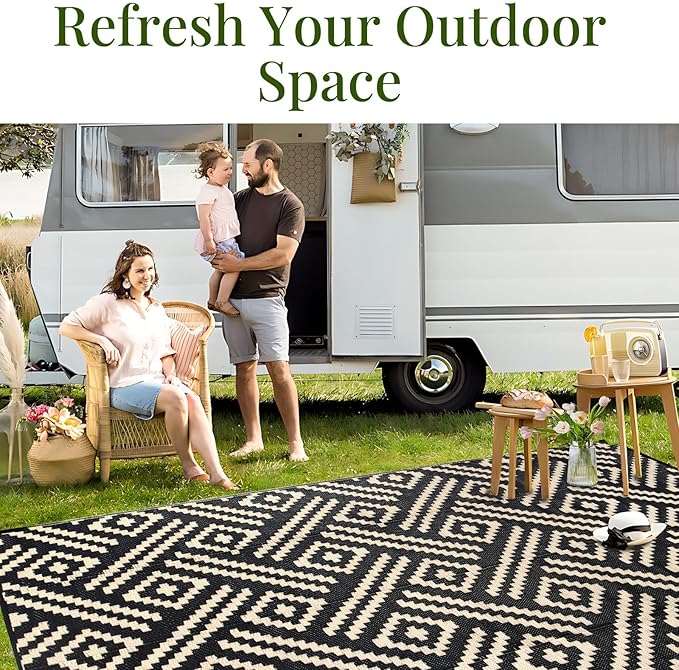 OPPODREAM Outdoor Rug 6x9 Ft, Waterproof Outdoor Plastic Straw Rug for Patio, Reversible Out Door Carpet for Camping, Deck, Rv, 6 x 9 Area Carpet for Balcony, Porch, Backyard, Black and Beige