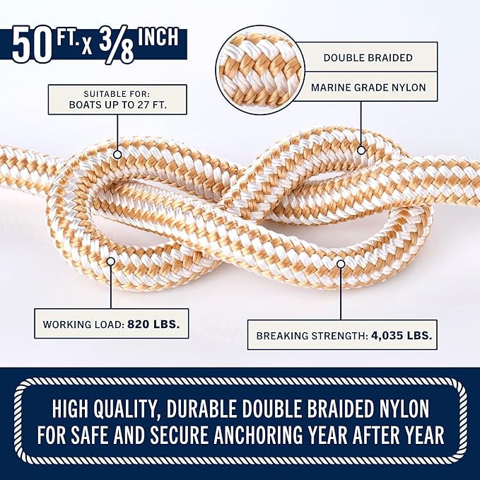 RainierSupplyCo Boat Anchor Rope - Double Braided Marine Rope Anchor Line - 50 ft x 3/8 Inch Nylon Boating Line with 316 Stainless Steel and Heavy Duty Marine Grade Bow Shackle - White/Gold
