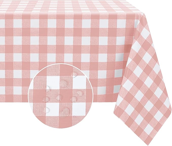 Romanstile Rectangle Plastic Tablecloth, 100% Waterproof Oil-Proof Checkered PVC Table Cloth, Heavy Duty Vinyl Table Cover for Dining, Camping, Picnic, Outdoor - 54 x 54 Inch, Light Pink