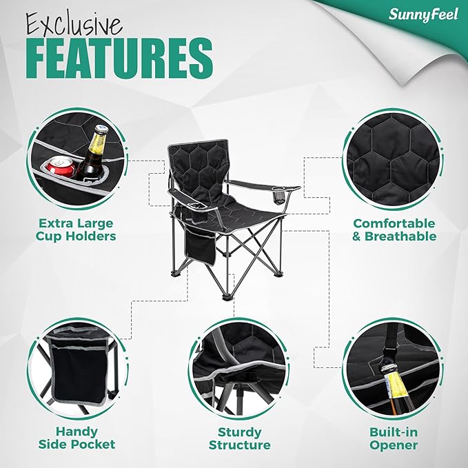 SUNNYFEEL Oversized Folding Camping Chair 2 Pack 500 LBS Heavy Duty Lawn Chairs with Black Portable Folding with Armrest, Cup Holder, Pocket ＆Bag for Outdoor Camping/Beach/Travel/Picnic/Fishing