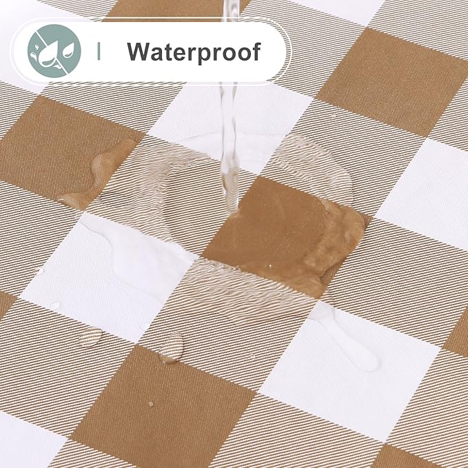 misaya Round Waterproof Vinyl Table Cloth, Buffalo Flannel Backed Tablecloth, Wipeable Plastic Table Cover for Dinner, Kitchen, Picnic (60", Brown and White)