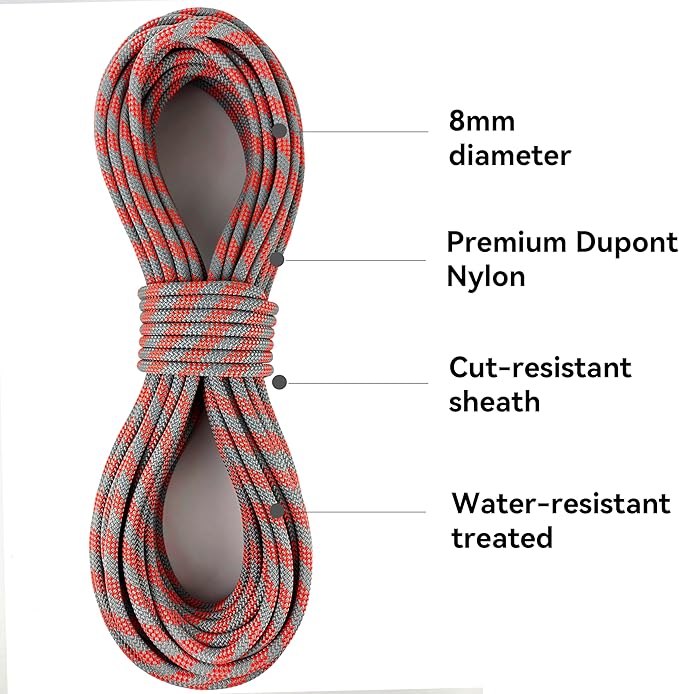 SEAMUS 8mm (5/16in) Prusik Accessory Cord 15M (50ft) UIAA Rock Climbing Rope 14Kn High Tensile Strength Rock Climbing Accessories Cord Double Braid Nylon Cord for Mountain Tree Climbing,Fire Rescue