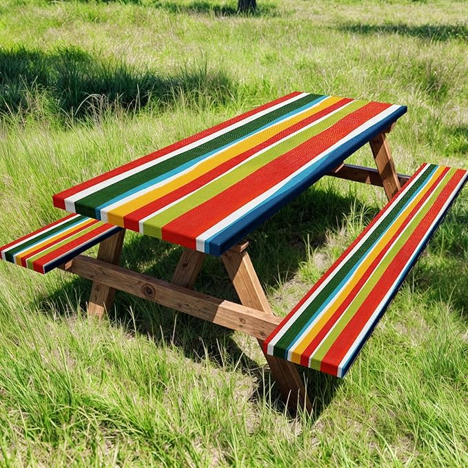 JAWO Picnic Table Covers with Bench Covers Modern Stripe Camping Tablecloth Fitted Picnic Table Cover with Elastic Windproof Waterproof Fabric, Camping Accessories Patio & Outdoo