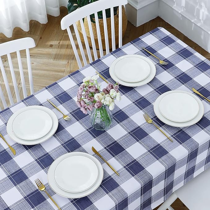 Romanstile Rectangle Plastic Tablecloth, 100% Waterproof Oil-Proof Checkered PVC Table Cloths, Heavy Duty Vinyl Table Covers for Dining, Camping, Picnic, Outdoor - 52 x 70 Inch, Blue Checkered