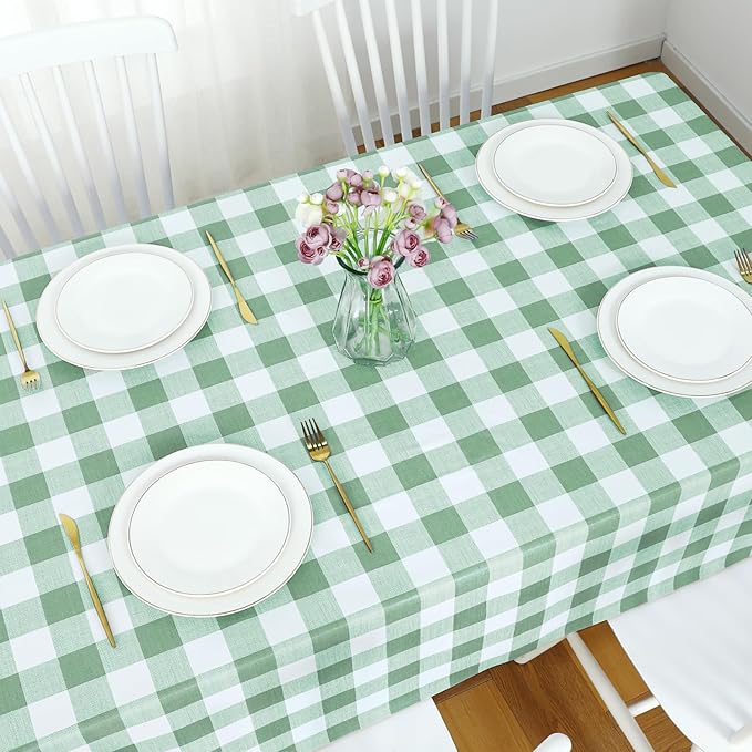 Romanstile Rectangle Plastic Tablecloth, 100% Waterproof Oil-Proof Checkered PVC Table Cloth, Heavy Duty Vinyl Table Cover for Dining, Camping, Picnic, Outdoor - 54 x 78 Inch, Sage Green
