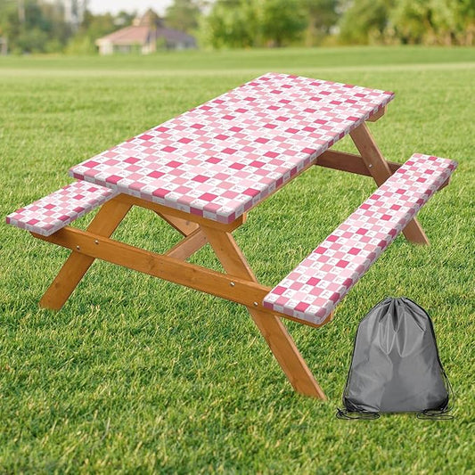 Picnic Table Cover with Bench Covers, Checkered Bownot Elastic Edges Waterproof Windproof Camping Essentials, Camping Fitted Tablecloth with Drawstring Bag, 72in, Pink White