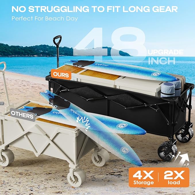 300L Extra Large Collapsible Foldable Wagon, 440lbs Load Capacity 48''L Extended Heavy Duty Folding Beach Wagon with Big All-Terrain Wheels, Utility Garden Cart for Outdoor Activities, Black