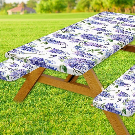 Picnic Table Cover with Bench Covers, Purple Wisteria Flower Pattern Elastic Edges, Waterproof Windproof Fitted Tablecloth, for Outdoor Camping Patio Garden, Includes Drawstring Bag, 72 in