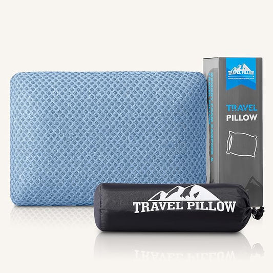 Travel Pillow Memory Foam Pillows, Camping Pillow-Compressible Medium Firm, Breathable Cover, Ideal Backpacking Hiking, Bed Pillows, Airplane and Car (Blue, L)
