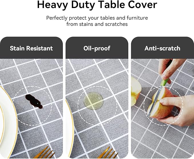 Romanstile Rectangle Plastic Tablecloth, 100% Waterproof Oil-Proof Checkered PVC Table Cloths, Heavy Duty Vinyl Table Covers for Dining, Camping, Picnic, Outdoor - 52 x 70 Inch, Grey