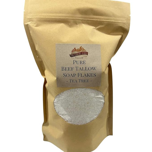 Pure Beef Tallow Soap Flakes - Made in USA - Grass Fed and Finished - Face, Body and Hair - Cleans, Moisturizes, Soothes, and Hydrates. Natural and Organic Tea Tree