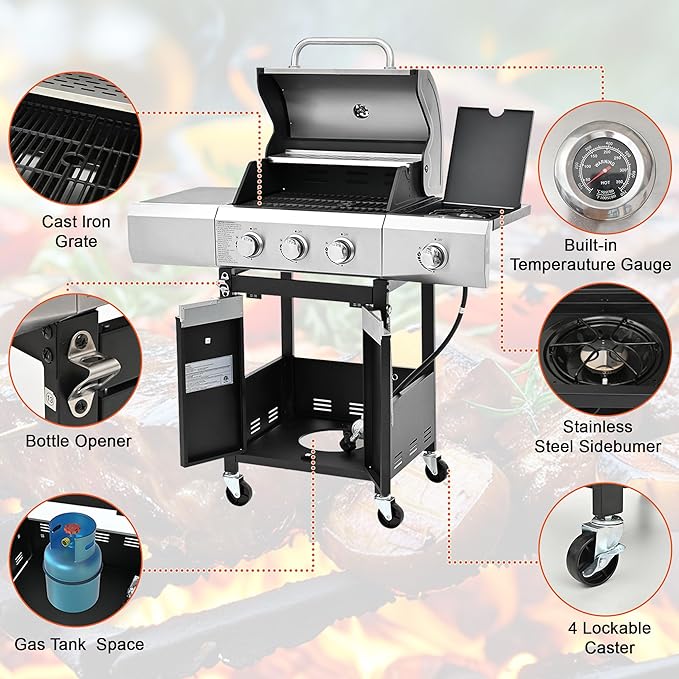 3-Burner BBQ Propane Gas Grill with Side Burner, 40,500 BTU Stainless Steel Patio Barbecue Grill with Waterproof Cover, Pull Out Grease Tray, For Camping, Outdoor Cooking (Style1)