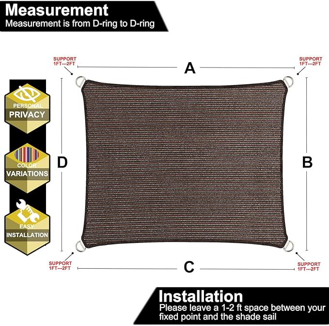10' x 10' Brown Outdoor Sun Shade Sail Canopy ??UV Resistant Permeable Awning Fabric for Patio, Garden, Backyard, Pergola, Carport, Lawn Shelter Cover