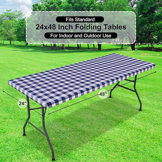 misaya Buffalo Rectangle Picnic Tablecloth, 4 Foot Elastic Fitted Vinyl Table Cloth with Flannel Backing, Waterproof Plaid Table Covers for Dining, Camping, Outdoor (Navy and White, 24" x 48")