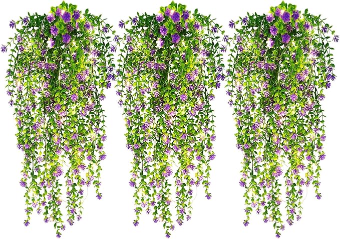 RECUTMS Artificial Hanging Plants Fake Hanging Plant Faux Hanging Plants UV Resistant Plastic Plants for Indoor Outdoor Room Wall Wedding Patio Porch Decor(Purple)