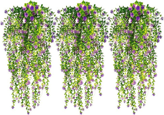 RECUTMS Artificial Hanging Plants Fake Hanging Plant Faux Hanging Plants UV Resistant Plastic Plants for Indoor Outdoor Room Wall Wedding Patio Porch Decor(Purple)