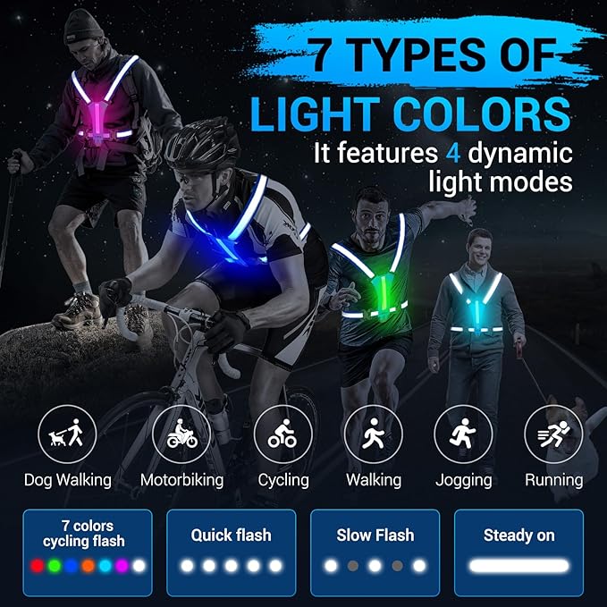 Led Reflective Vest Running Gear，7 Lights Colors Light Up Running Vest, Rechargeable High-Visibility Adjustable Vest for Running, Cycling, and Night Activities（Green）