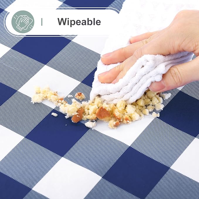 misaya Rectangle Waterproof Vinyl Table Cloth, Buffalo Flannel Backed Tablecloth, Wipeable Plastic Table Cover for Dinner, Kitchen, Outdoor (60" x 120", White and Navy)
