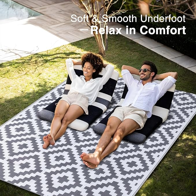 OLANLY Waterproof Outdoor Rug 4x6 ft, Outdoor Plastic Straw Rug for Camping, RV Mat Outside, Outdoor Carpet for Porch, Deck, Backyard, Balcony, Picnic, Grey & White