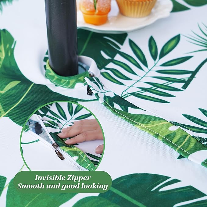SquarePie 52'' Round Outdoor Tablecloth with Zipper and Umbrella Hole, Waterproof Spillproof Zippered Table Cloth Cover for Picnic Patio Family Gatherings, Palm Leaf