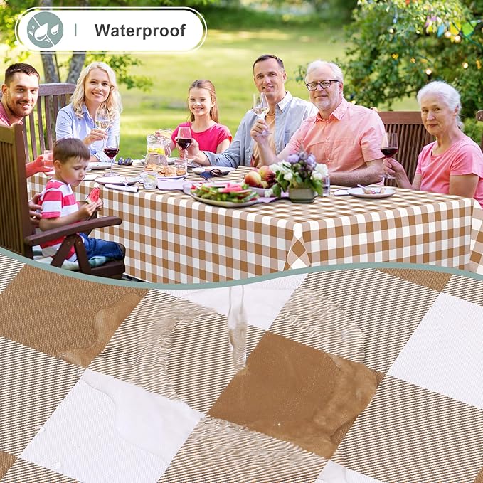 misaya Rectangle Waterproof Vinyl Table Cloth, Buffalo Flannel Backed Tablecloth, Wipeable Plastic Table Cover for Dinner, Kitchen, Outdoor (60" x 120", Brown and White)
