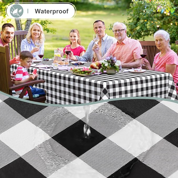 misaya Rectangle Waterproof Vinyl Table Cloth, Buffalo Flannel Backed Tablecloth, Wipeable Plastic Table Cover for Dinner, Kitchen, Outdoor (60" x 120", Black and White)