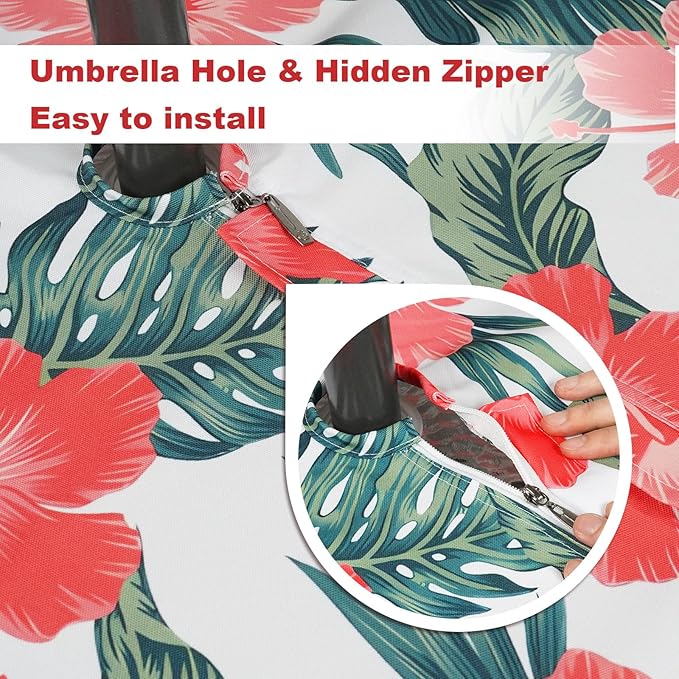 SquarePie Outdoor Indoor 60x84 inch Rectangle Tablecloth with Umbrella Hole and Zipper, Waterproof Patio Zippered Table Clothes for Spring Summer Party Picnic,Palm Leaf Red Flower