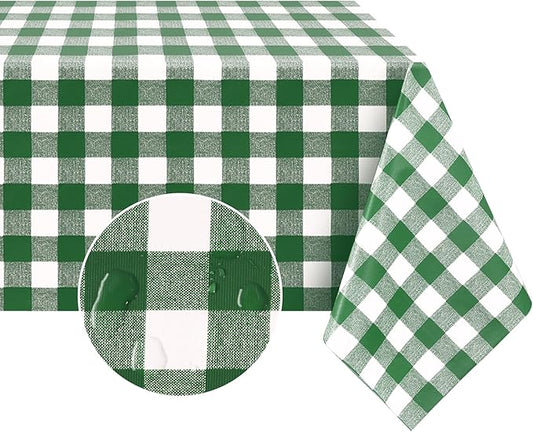 Romanstile Rectangle Vinyl PVC Tablecloth, 100% Waterproof Buffalo Plaid Plastic Table Cloth, Oil Proof Heavy Duty Wipeable Table Covers for Dining/Camping/Picnic/Outdoor - 60 x 84, Green and White