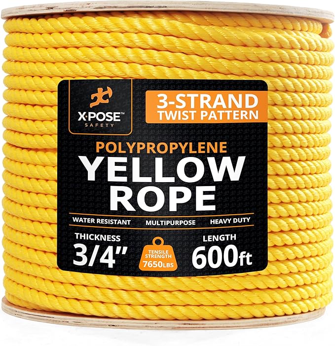 Yellow Twisted Polypropylene Rope, 3/4" Thickness x 600' Length Heavy Duty Poly Ropes for Outdoor and Marine Use, Yellow Rope for Visibility & Safety