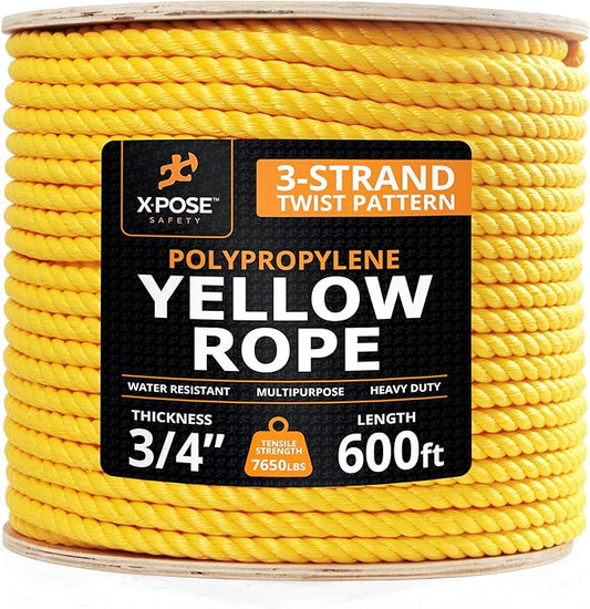 Yellow Twisted Polypropylene Rope, 3/4" Thickness x 600' Length Heavy Duty Poly Ropes for Outdoor and Marine Use, Yellow Rope for Visibility & Safety