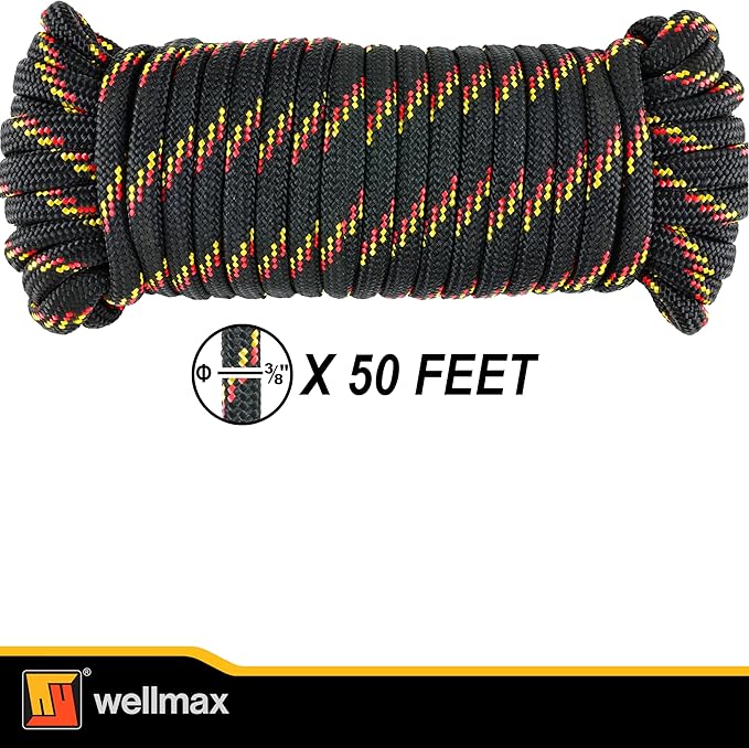 Wellmax Diamond Braid Nylon Rope, 3/8 in X 50 Foot, UV Resistant, High Strength and Weather Resistant - Black