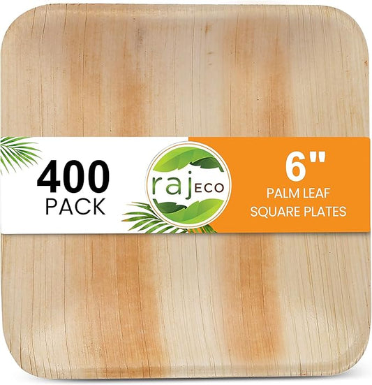 Raj Palm Leaf Bulk Plates 6" 400 Square Plates like Bamboo plates Disposable, Decorative Compostable Tableware for wedding, Lunch, Dinner, Birthday, Camping, Outdoor BBQ, Picnic