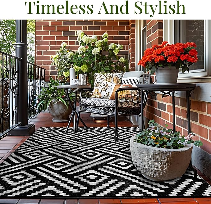 OPPODREAM Outdoor Rug 5x8 Ft, Waterproof Outdoor Plastic Straw Rug for Patio, Reversible Out Door Carpet for Camping, Deck, Rv, 5 x 8 Area Carpet for Balcony, Porch, Backyard, Black and White
