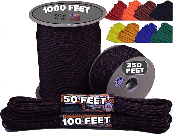BORED? PARACORD! 550 lb Paracord - Ideal for Crafting, Camping, DIY Projects, Active & Military Outdoors - Strong Survival Rope - Tactical Parachute Cord Type III - Thin Red Line 250 Feet