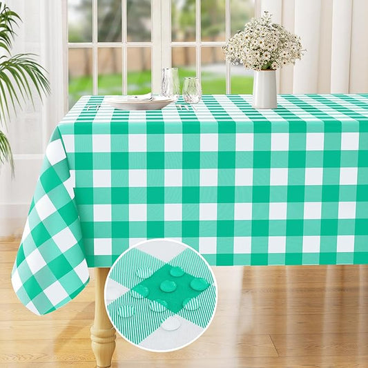 misaya Rectangle Waterproof Vinyl Table Cloth, Buffalo Flannel Backed Tablecloth, Wipeable Plastic Table Cover for Dinner, Kitchen, Outdoor (54" x 120", Green and White)