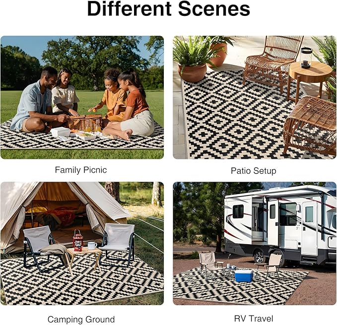 OLANLY Waterproof Outdoor Rug 5x8 ft, Outdoor Plastic Straw Rug for Camping, RV Mat Outside, Outdoor Carpet for Porch, Deck, Backyard, Balcony, Picnic, Black & Beige