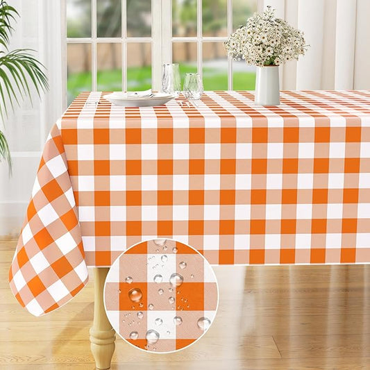misaya Rectangle Waterproof Vinyl Table Cloth, Buffalo Flannel Backed Tablecloth, Wipeable Plastic Table Cover for Dinner, Kitchen, Picnic (52" x 70", Orange and White)