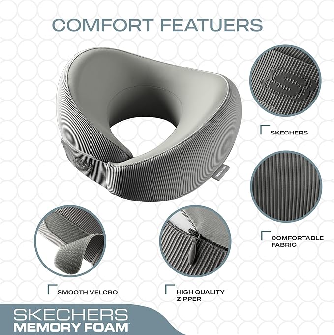 Skechers Memory Foam Neck Pillow, Comfortable & Breathable Travel Pillow,Neck Pillow Airplane for Travel, Car Rides, Home, and Office Use, Ergonomic Design for Men and Women,Grey