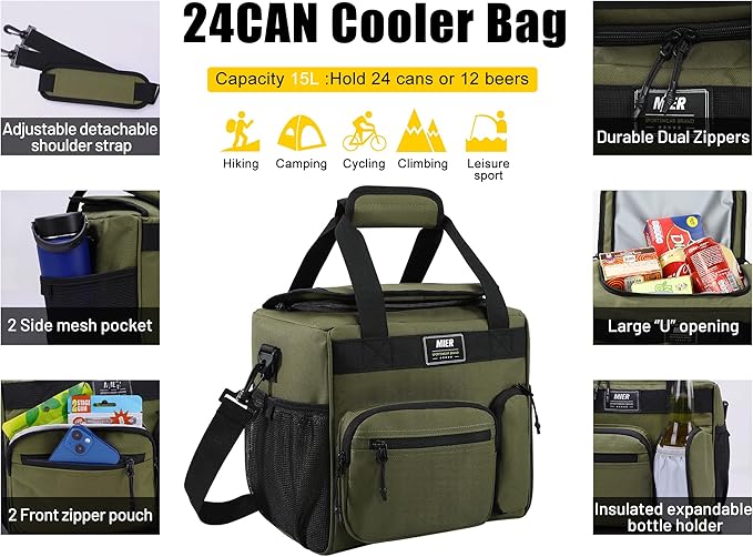 MIER Large Lunch Box for Men Women Adult Insulated Soft Sided Cooler 24 Can Leakproof Lunch Bag Collapsible for Work Travel Camping Beach, 15L (Green-No Luggage Strap)