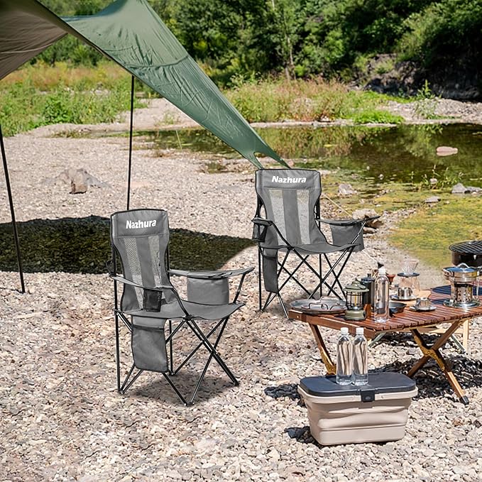 Nazhura 4 Pack Outdoor Camping Chairs Folding/Foldable/Portable with Cooler Pouch, Mesh Backrest and Cup Holder Pocket(Grey) (Grey, 4 Pack)