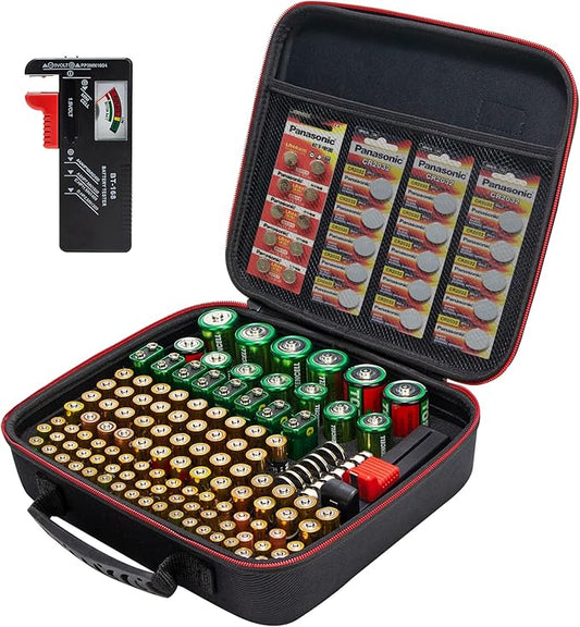 Glamgen Battery case organizer with Tester (BT168), Battery Storage case Holds 126 Batteries Various Sizes AAA AA C D 9V Lithium 3V, Batteries Holder Organizer