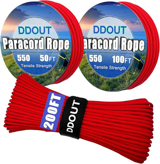 Paracord Nylon Rope Red 50ft with 7-Strand Core, 10 Colors and 50/100/200 ft, Type III Parachute Cord 4mm for Camping, Survival, Hiking, DIY, Crafting, Outdoor Utility Rope