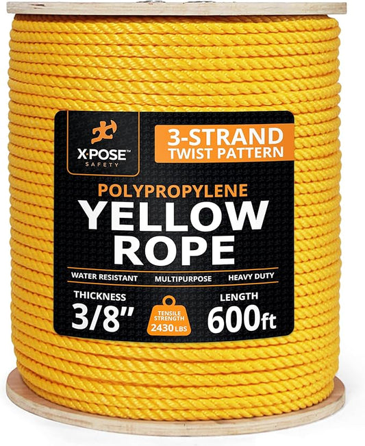 Yellow Twisted Polypropylene Rope, 3/8" Thickness x 600' Length Heavy Duty Poly Ropes for Outdoor and Marine Use, Yellow Rope for Visibility & Safety