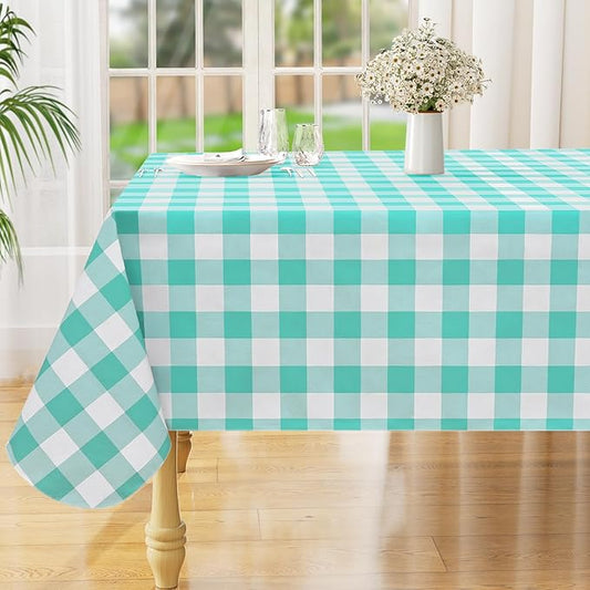 misaya Rectangle Waterproof Vinyl Table Cloth, Buffalo Flannel Backed Tablecloth, Wipeable Plastic Table Cover for Dinner, Kitchen, Outdoor (54" x 78", Teal and White)