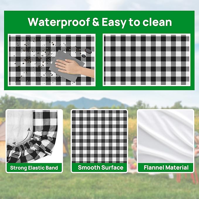 RNOONY Vinyl Fitted Picnic Table Cover with Bench Covers and Bag,8ft Outdoor Waterproof Picnic Tablecloth with Elastic Edges, 96x30 Inches 3 Pcs Set (Black Checkered)